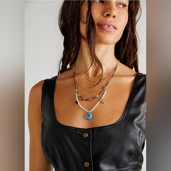 NWT! Free People, Swim & Sleep Layered Necklace,Gold Tone/Blue/White - Picture 1 of 12